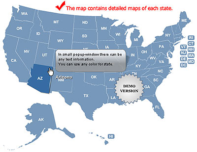 Multi-level drill-down map of USA for websites and web developers