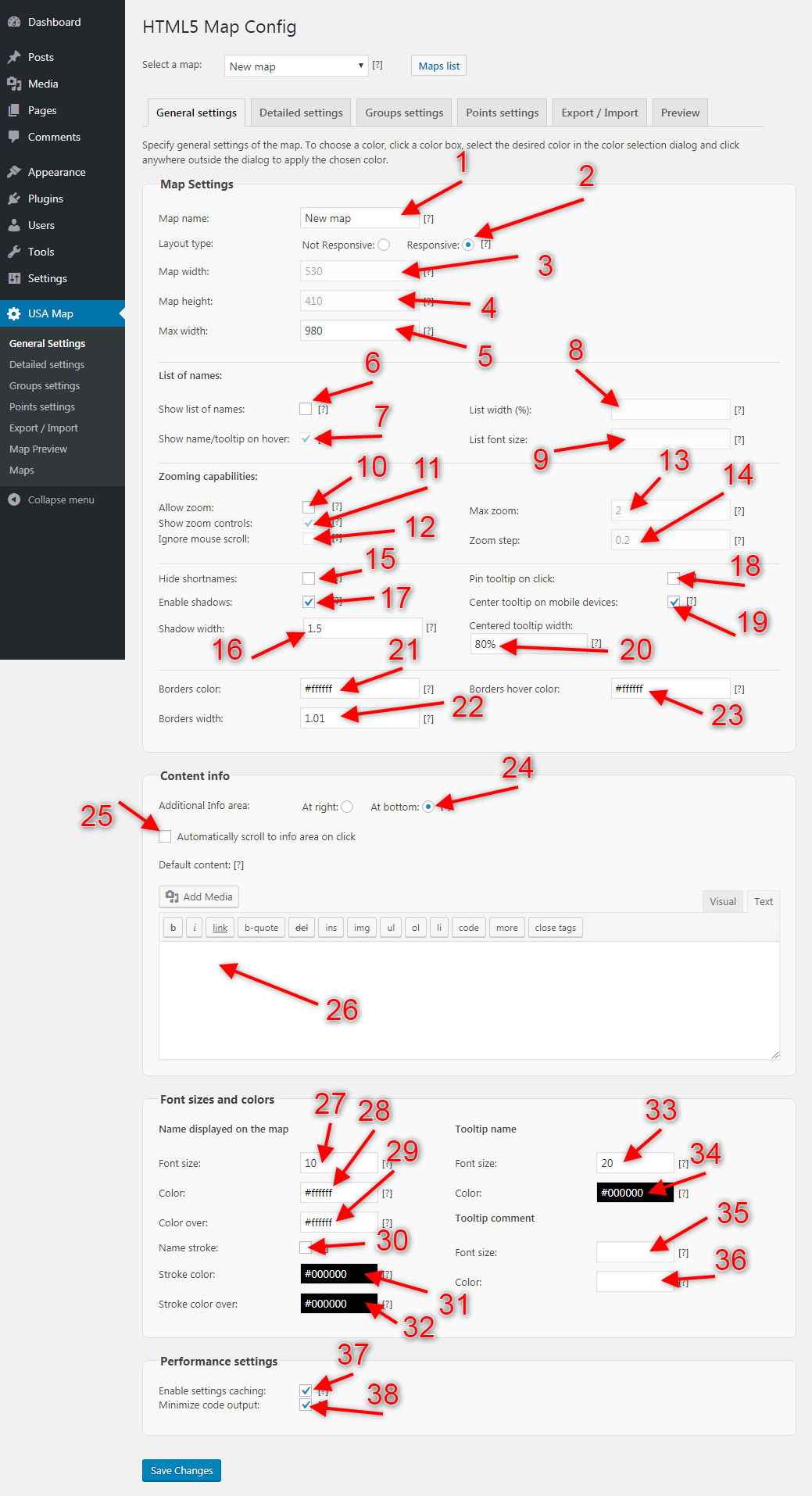 General map settings tab with pointers