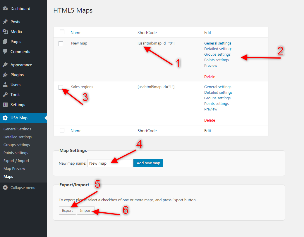 Maps page in the plugin with pointers