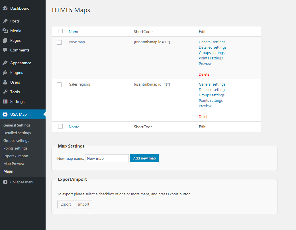 Maps page in the plugin