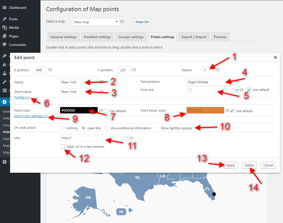 Points tab in the plugin with pointers