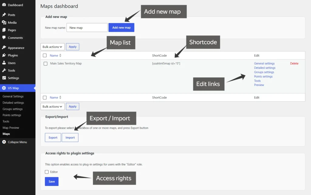 Maps Dashboard in the WordPress US Map Plugin showing the map list, shortcode, edit links, JSON tools, and access settings