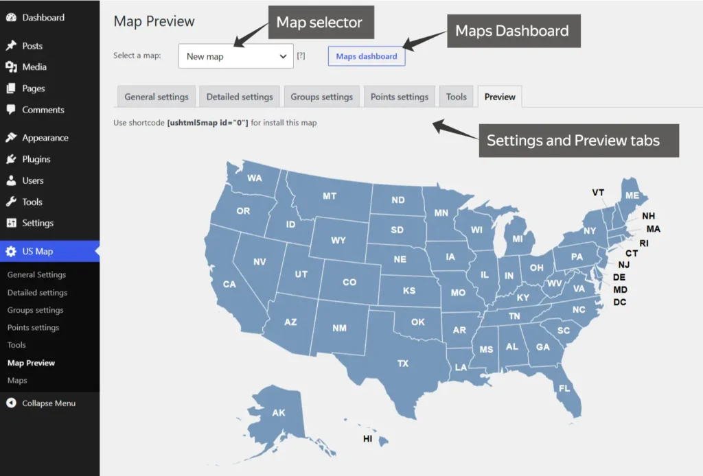 WordPress US Map Plugin interface showing the map selector, Maps Dashboard, settings tabs, and map preview