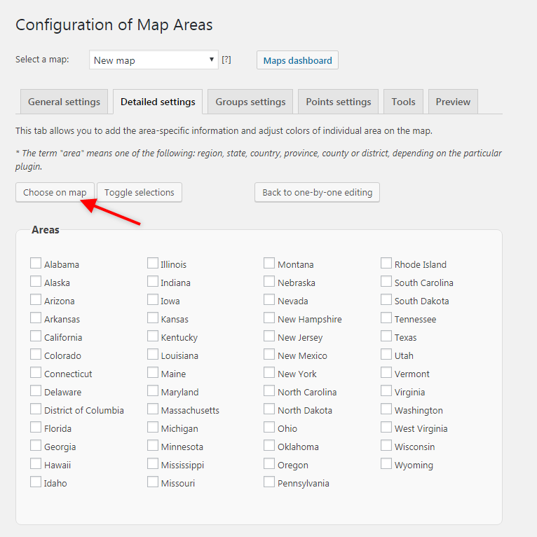 Batch settings page with list of states