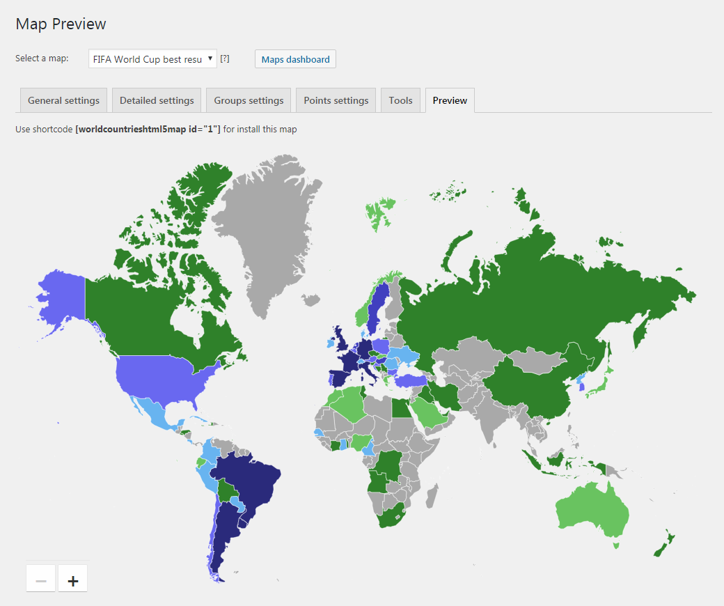 World map with configured groups