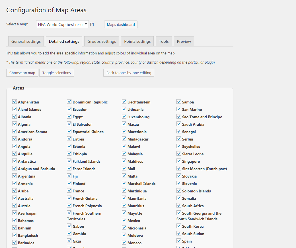 List of countries on the batch settings page