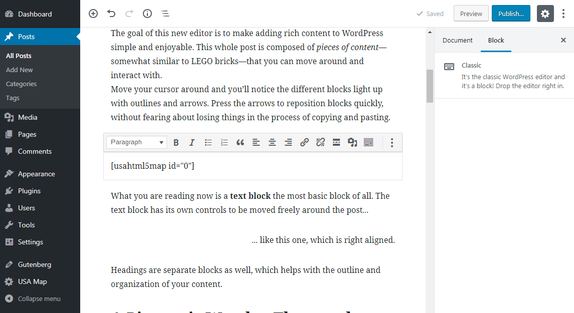 Shortcode in the classic editor block