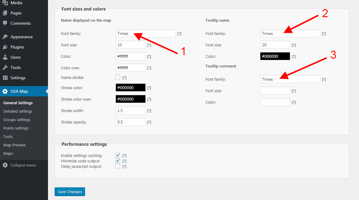 Font settings for interactive map