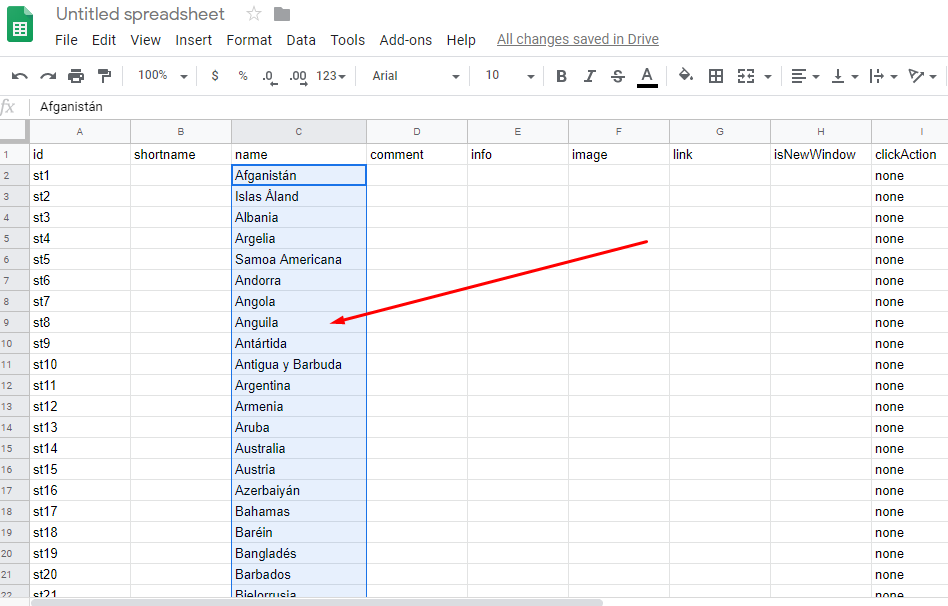 Select a column with a localized list of countries