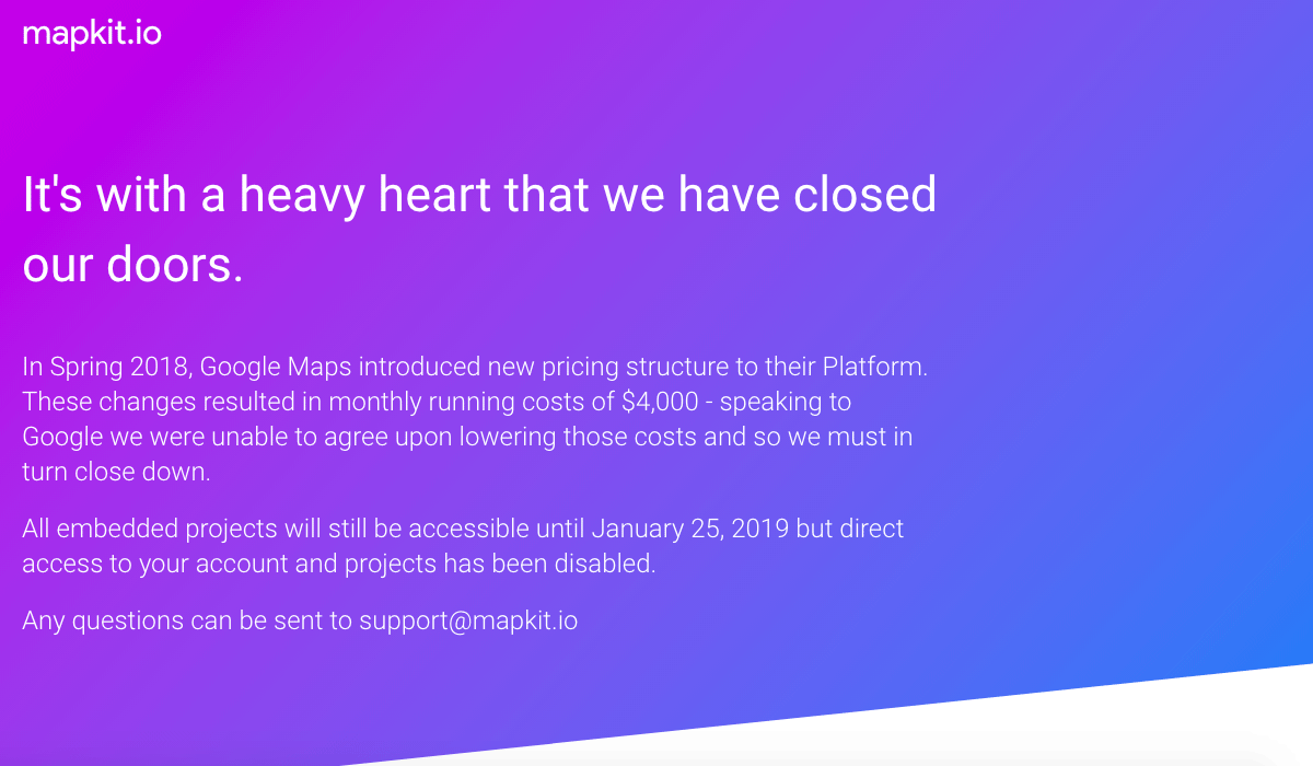 MapKit.io Website Closing due to costly Google Maps API