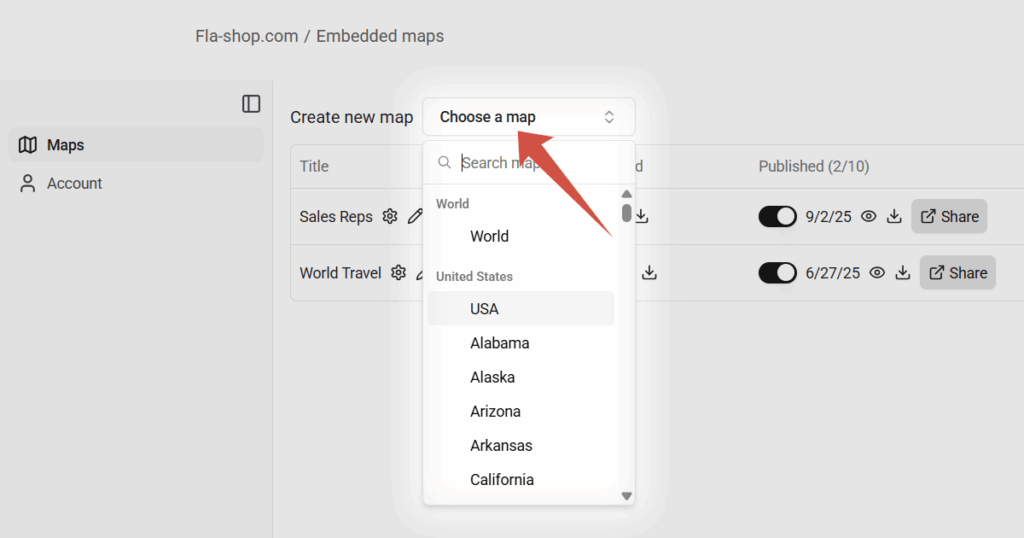 Creating a new map in your account.