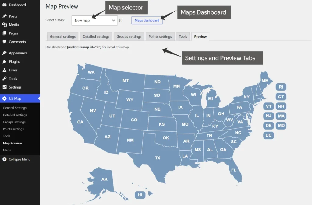 WordPress US Map Plugin interface showing the map selector, Maps Dashboard, settings tabs, and map preview
