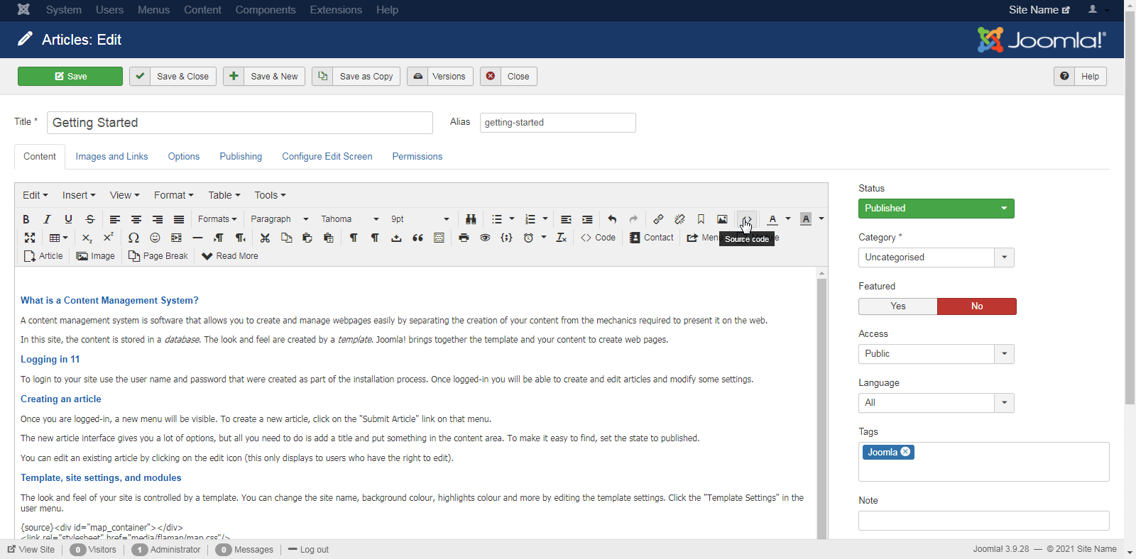 Button to edit the source code of an article.