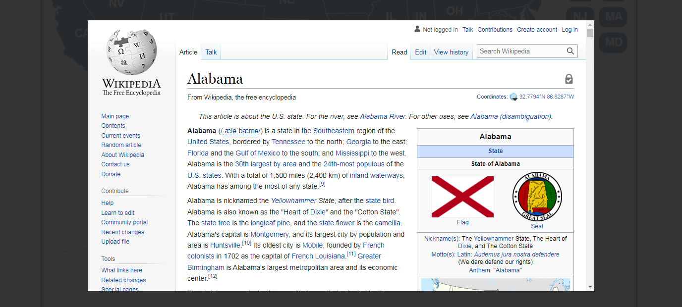 Alabama page in Wikipedia