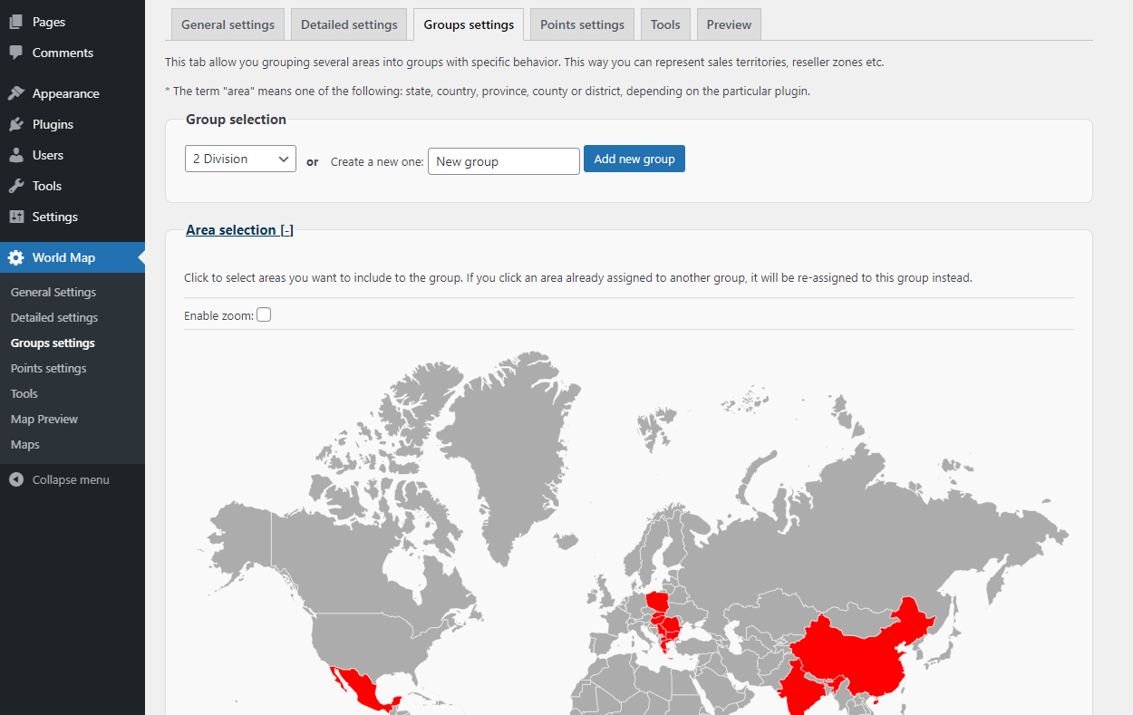 The Groups tab for merging countries.