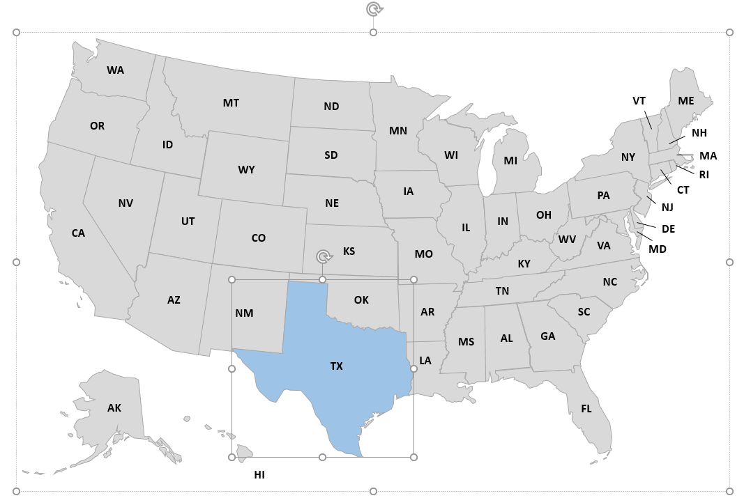 Editing the state in the PowerPoint map template of the United States.