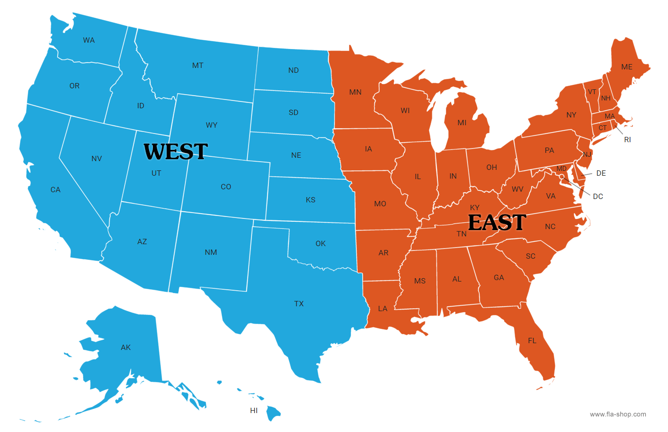Map of the U.S. with 2 regions