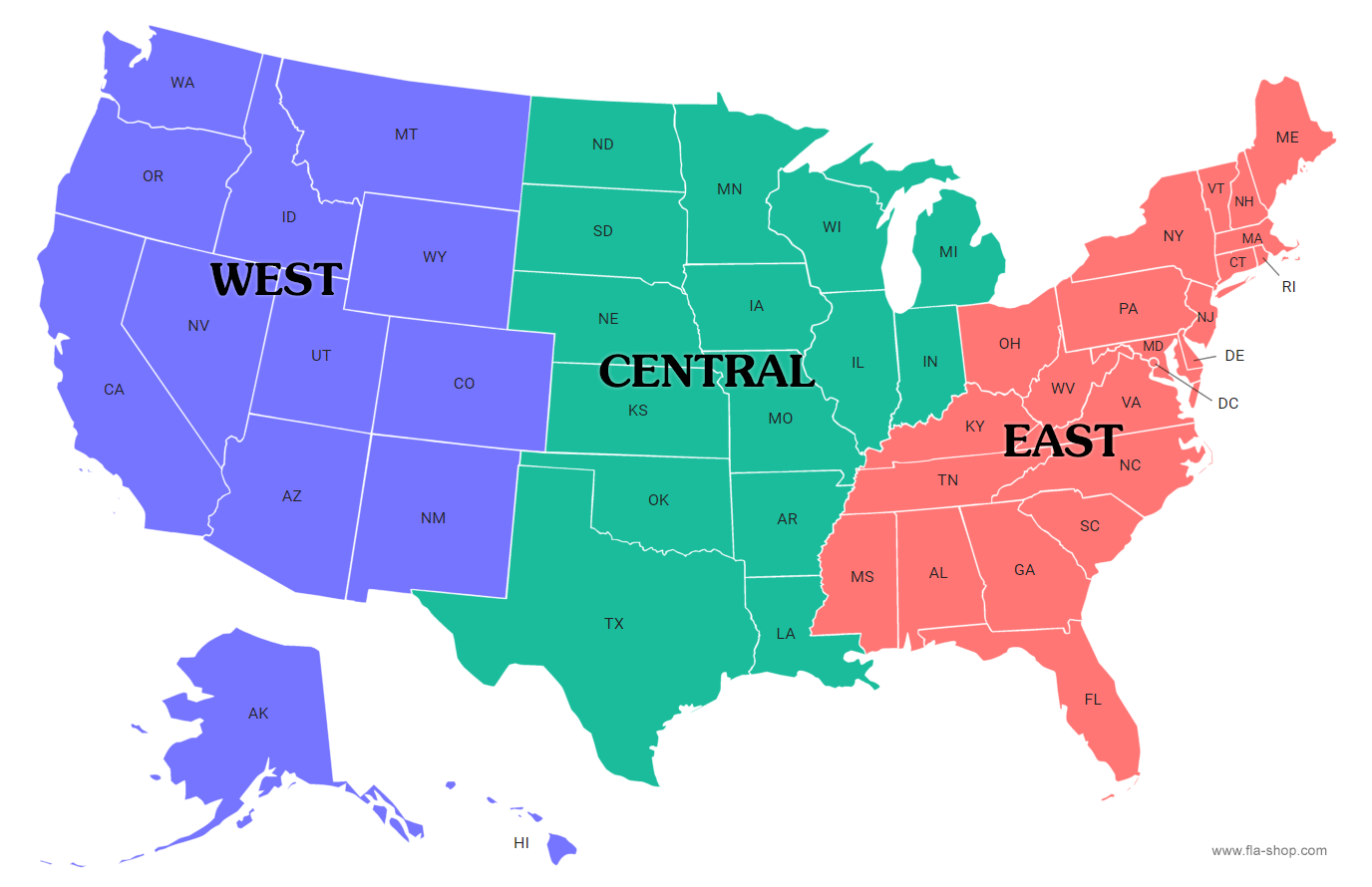 Map of the U.S. with 3 regions