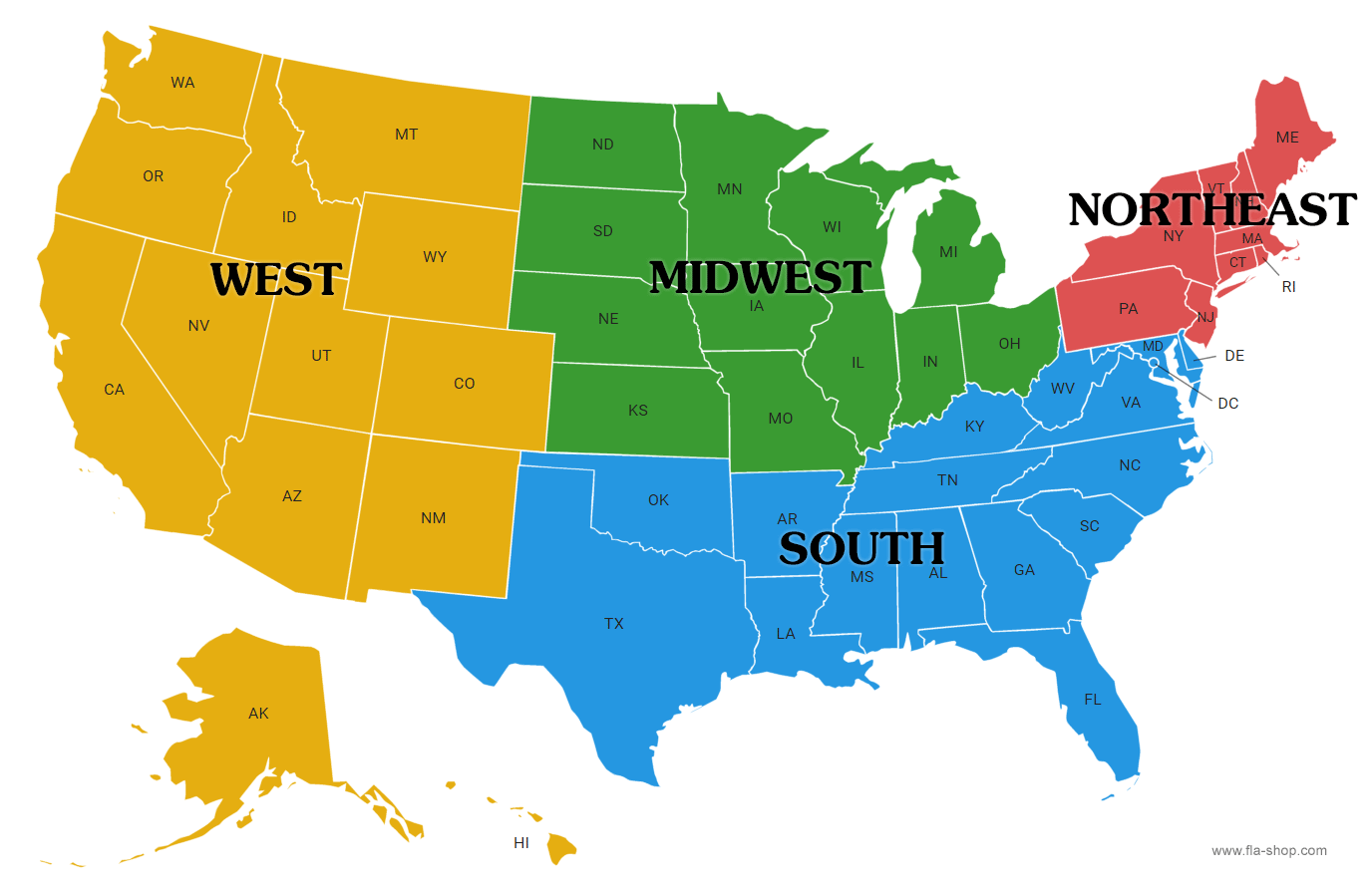 Map of the U.S. with 4 regions