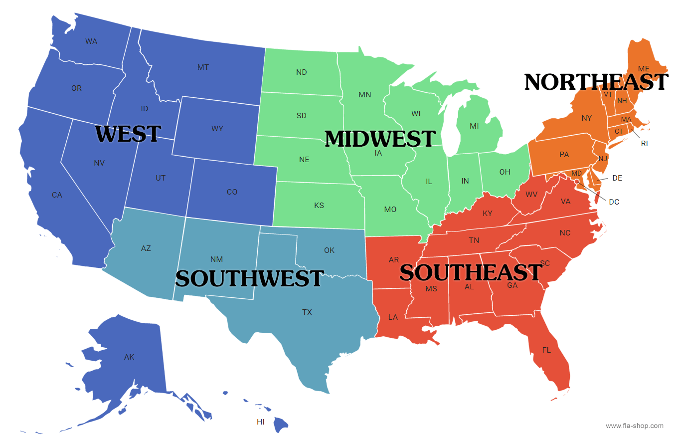 Map of the U.S. with 5 regions