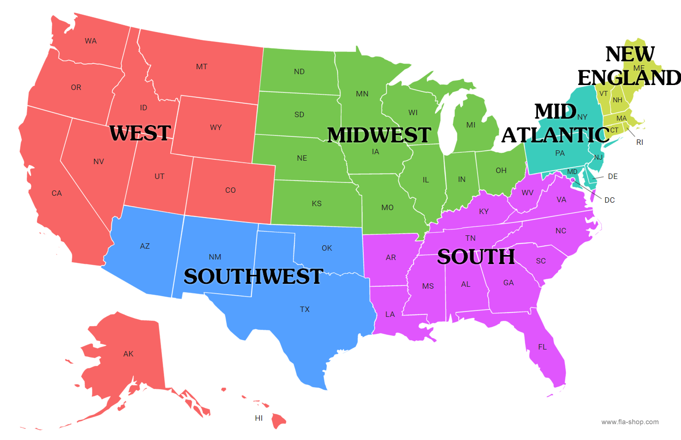 Map of the U.S. with 6 regions