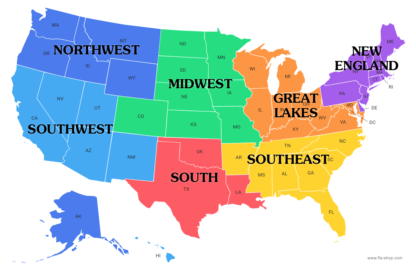 Map of the U.S. with 7 regions